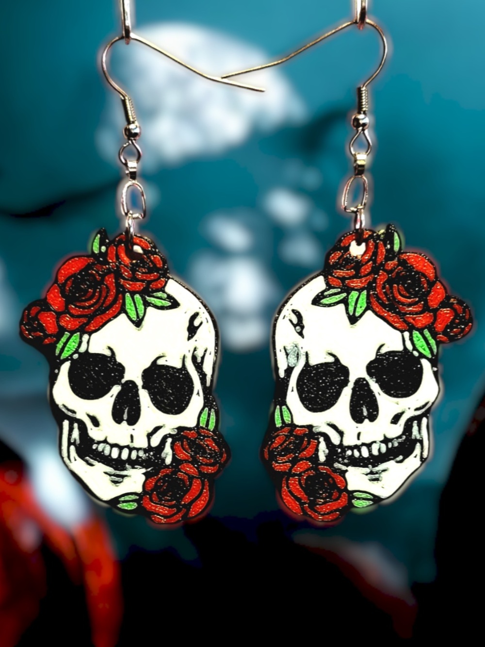 Skull & Red Rose Dangle Earrings - Women Jewelry